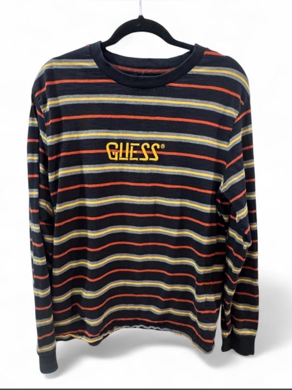 Guess Originals Striped Long Sleeve Embroidered Logo T-Shirt Black Small